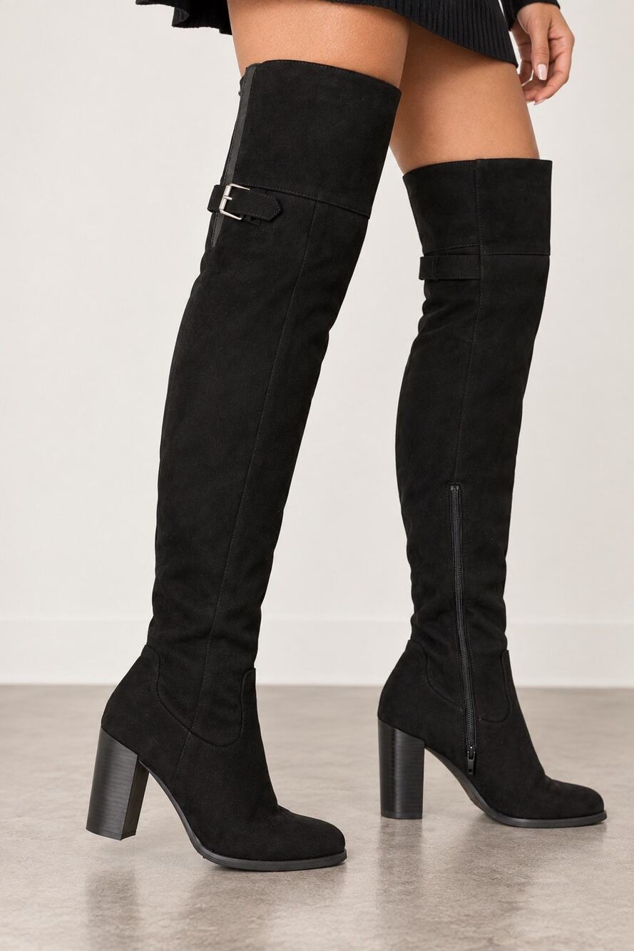Black Thigh High Suede Boots 8 Y2K Whimsigoth Witchy Goth Block Heel Zip